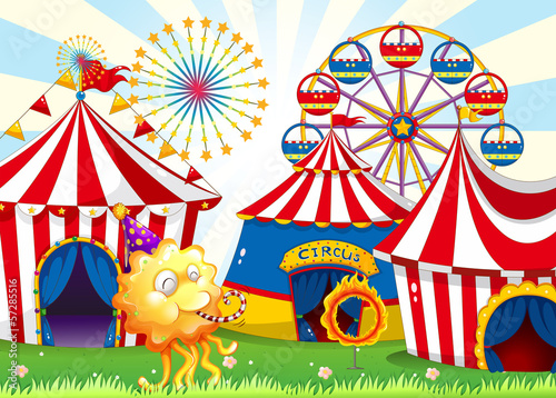A happy monster eating a cane lollipop at the carnival