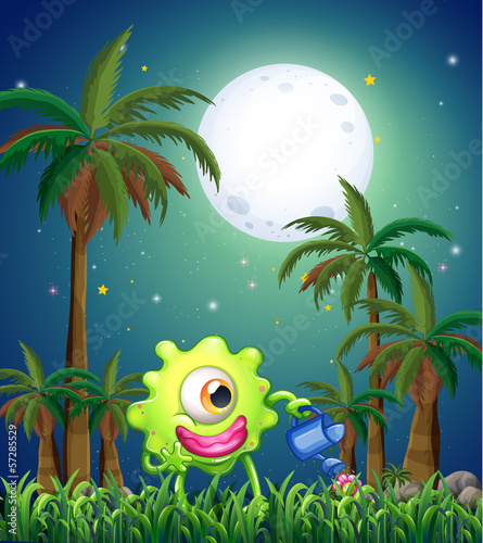 A monster watering the plants near the palm trees