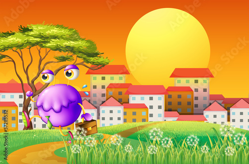 A monster travelling at the hill with a bag