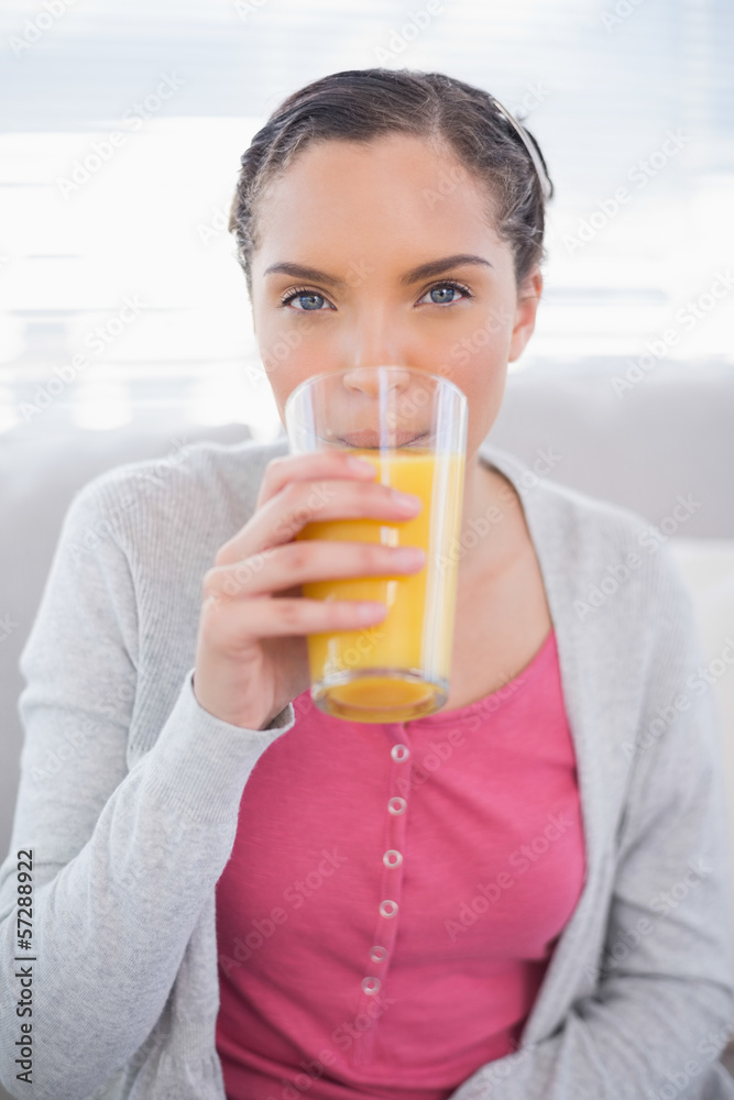 Attractive woman sitting on sofa drinking orange juice Attractive woman sitting on sofa drinking orange juice