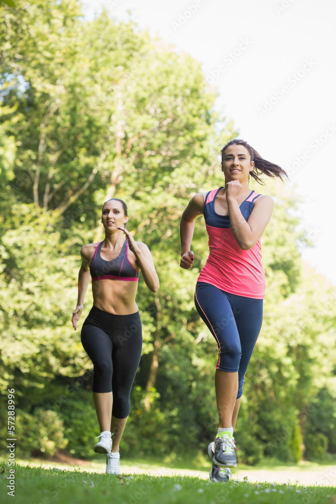 Two fit young friends jogging