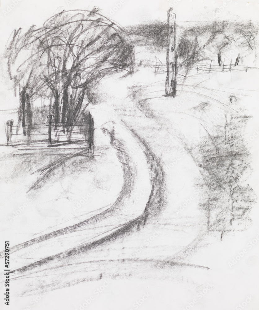 charcoal drawing illustrating countryside