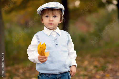 Boy in aprk with leaves photo