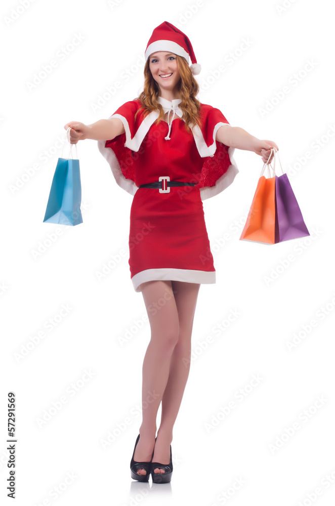 Young woman in red santa costume on white Young woman in red santa costume on white