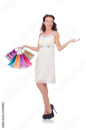 Girl after good shopping on white