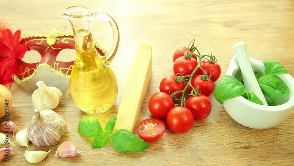 Italian food ingredients with Venetian mask Italian food ingredients with Venetian mask