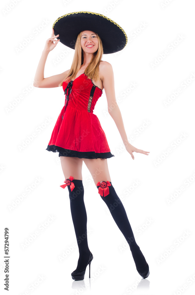 Model in red dress wearing sombrero Model in red dress wearing sombrero