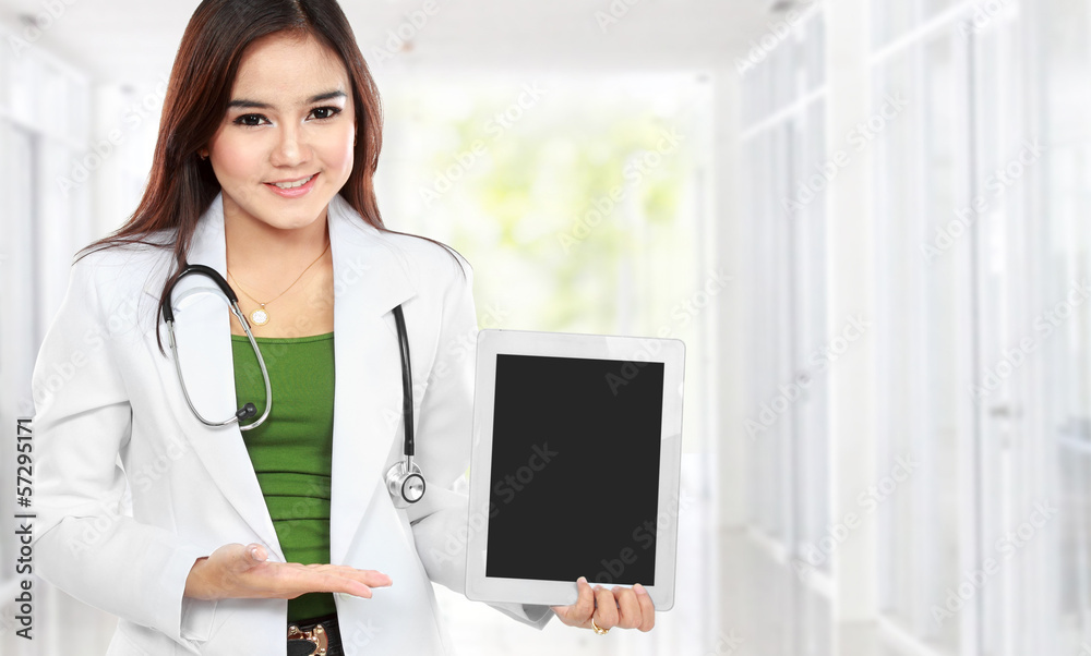 Copy-spaced portrait of female doctor wearing a white coat and s Copy-spaced portrait of female doctor wearing a white coat and s