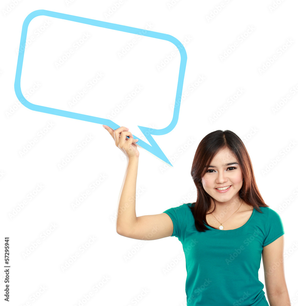 Young girl holding blank text bubble in specs Young girl holding blank text bubble in specs