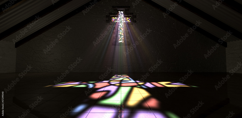 Naklejka premium Krucyfiks z witrażem w kolorze światła promienia