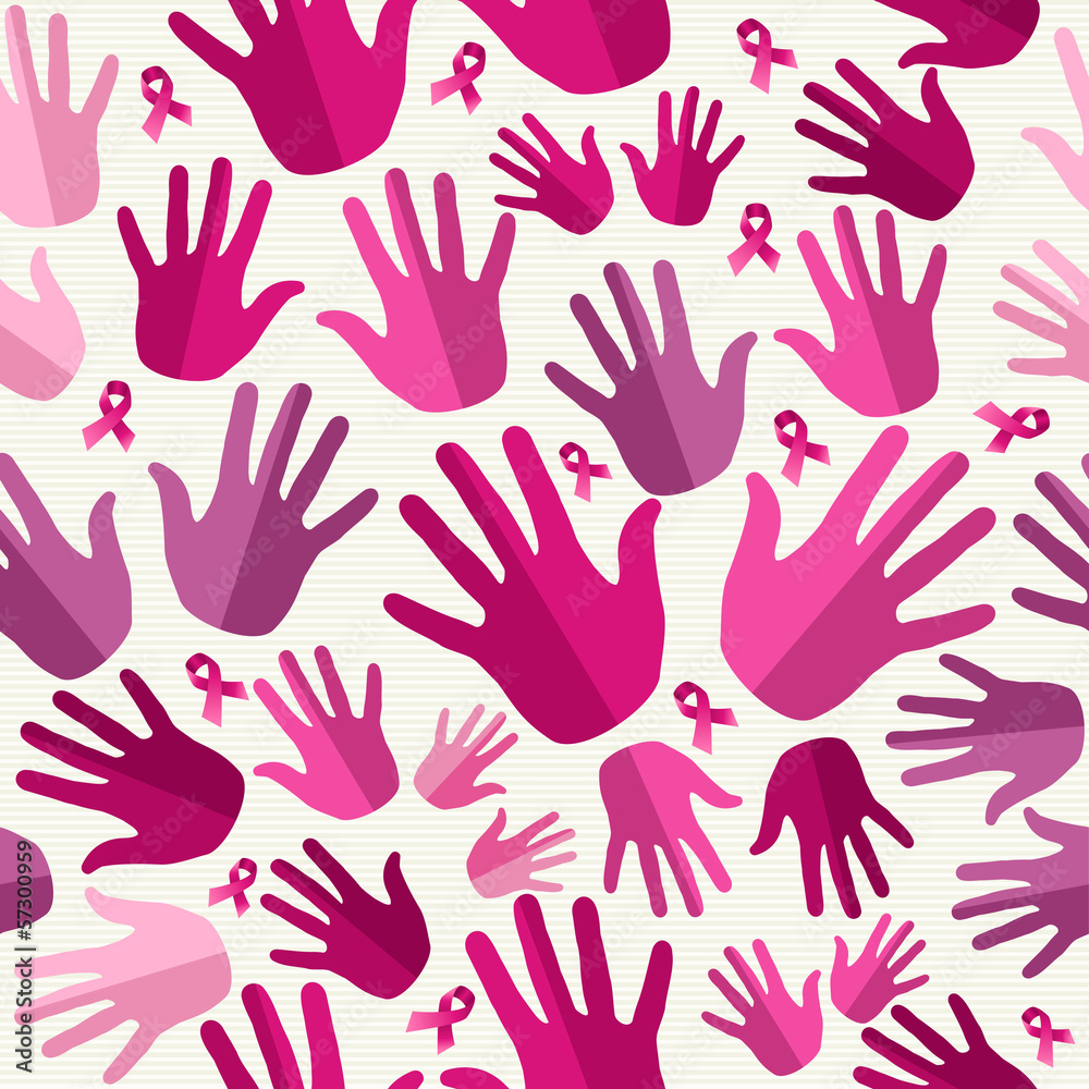 Breast cancer awareness ribbon women hands seamless pattern.