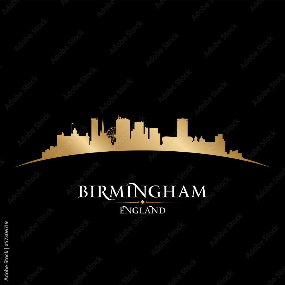 Birmingham England city skyline silhouette black background