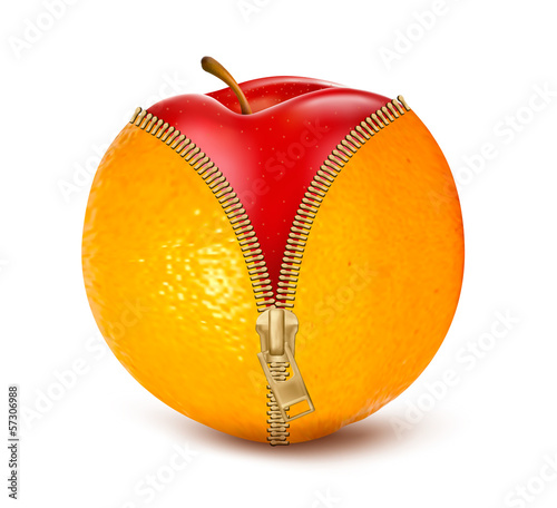 Unzipped orange with red apple. Fruit and diet against cellulite