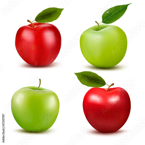 Set of red and green apple fruits with cut and green leaves. Vec