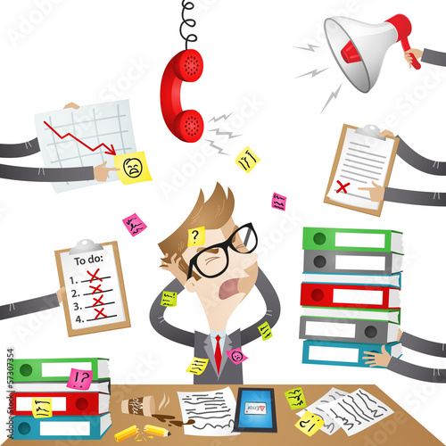 Businessman, desk, chaos, stressed out, paperwork