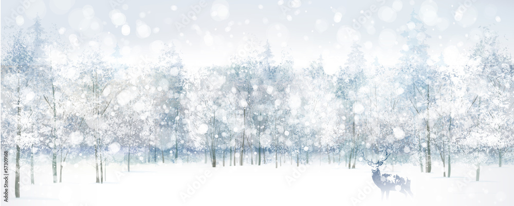 Obraz premium Vector of winter scene with deer on forest background.