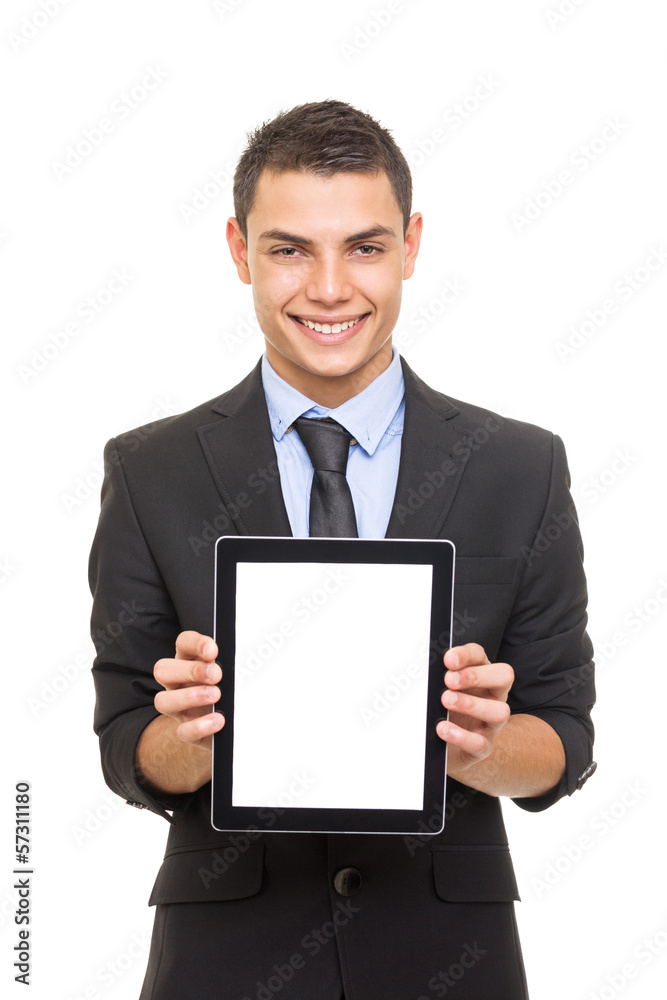 Businessman in suit showing blank tablet computer screen Businessman in suit showing blank tablet computer screen