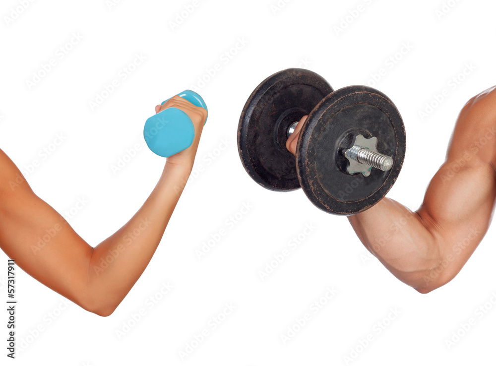 Arm of man and woman lifting weights Arm of man and woman lifting weights