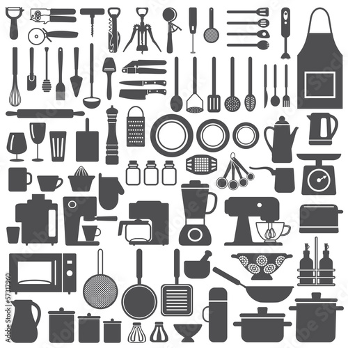 Kitchen related utensils and appliances silhouette icons photo