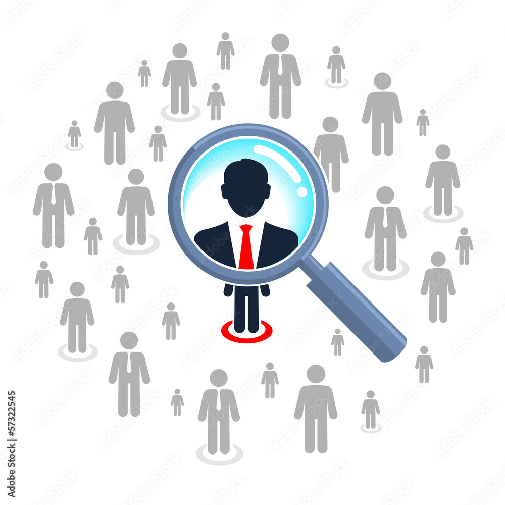 Job search and career choice, magnifying glass searching people Job search and career choice, magnifying glass searching people