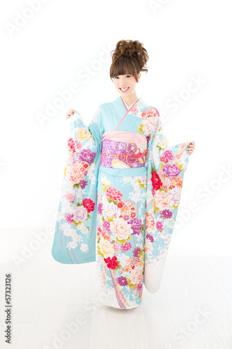 Beautiful asian kimono woman on white background © one