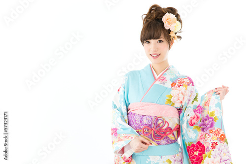 Beautiful asian kimono woman on white background