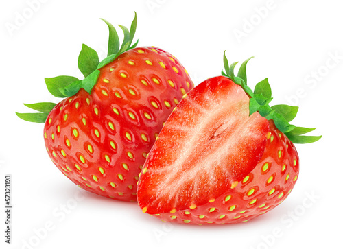 Isolated strawberries. Two cut strawberry fruits isolated on white background