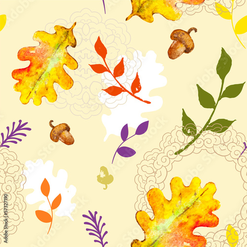 Autumn seamless pattern with watercolour leaves