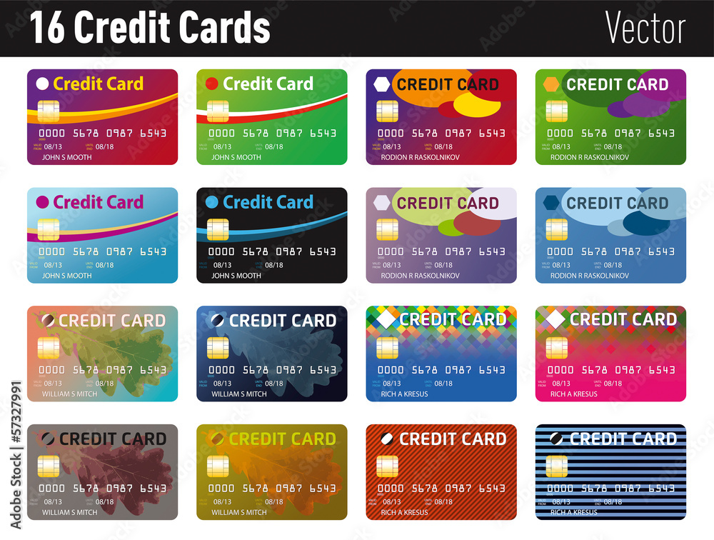 A set of sixteen different vector credit cards