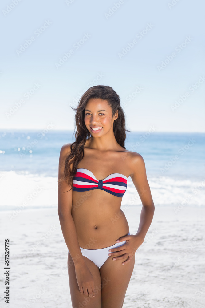 Smiling sexy tanned brunette posing