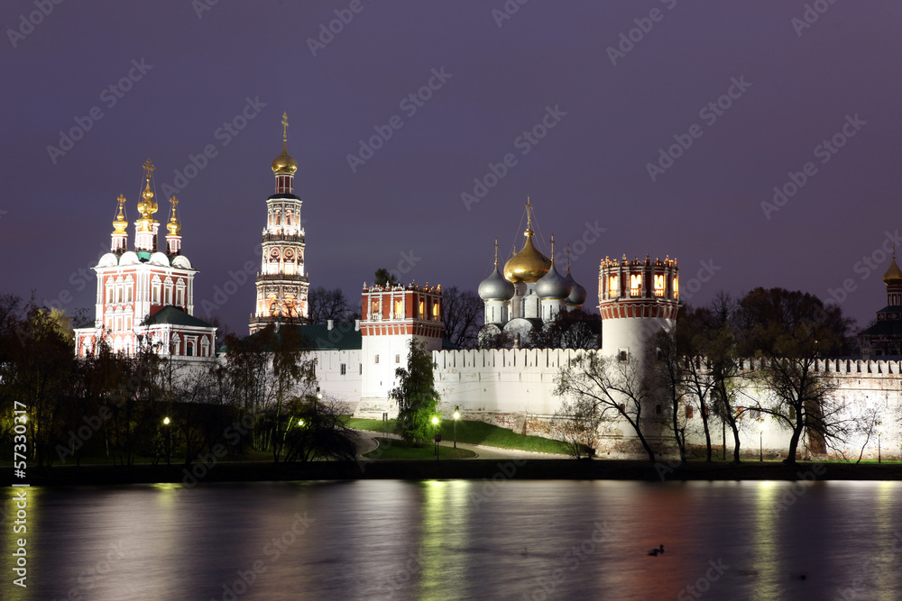 Beautiful night view of Russian orthodox churches in Novodevichy