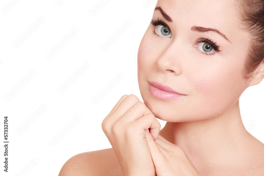 Beautiful girl with clean fresh skin, white background Beautiful girl with clean fresh skin, white background