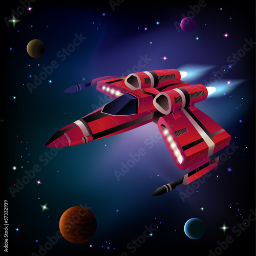 Spaceship, planets and space.