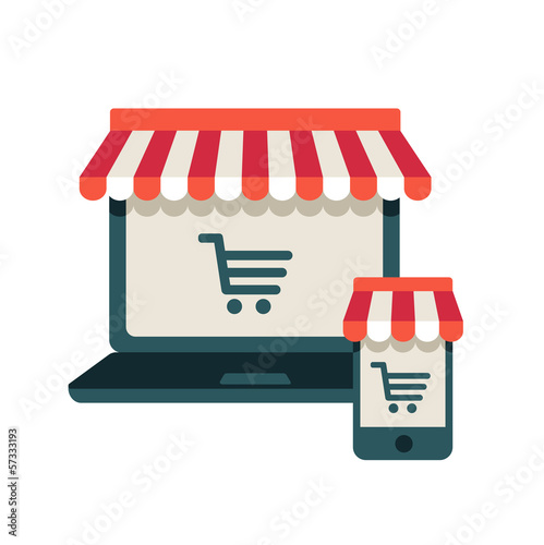 On line store. Sale, Laptop and smart phone with awning