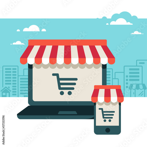On line store. Sale, Laptop and smart phone with awning