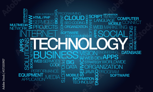 Technology text word information blue tag cloud illsutration photo