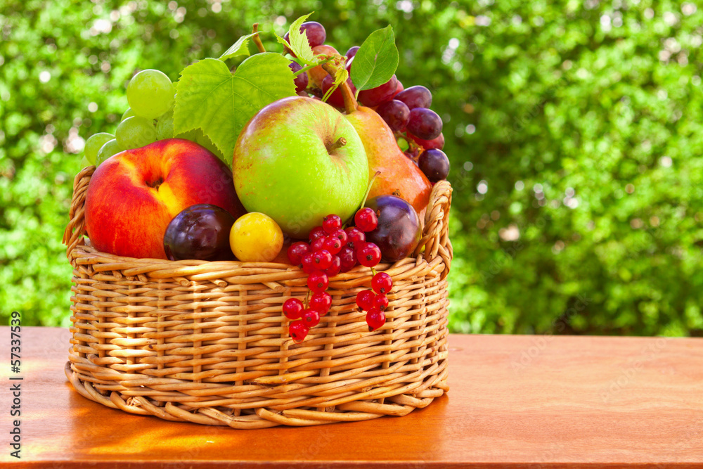 Fresh fruit basket in the summer garden. Fresh fruit basket in the summer garden.