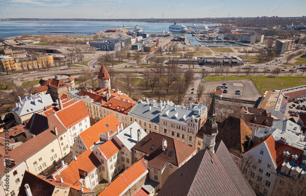 Aerial view on old  town and passenger port in Tallinn