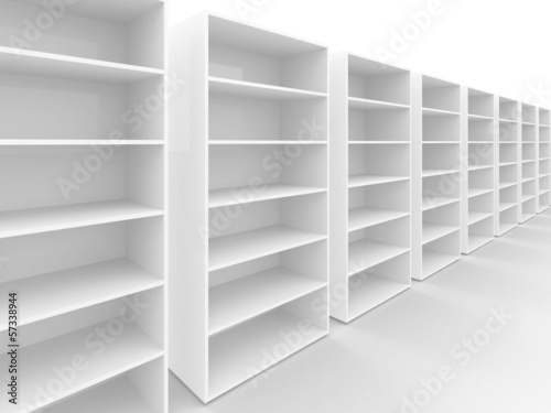 Row of empty white cabinets on white background