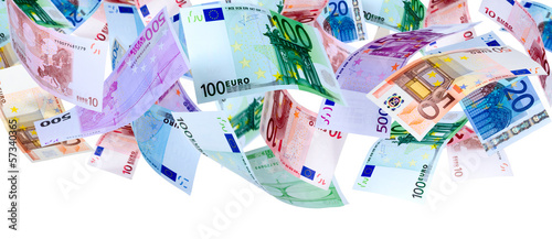 Panoramic image of falling Euro banknotes isolated on white