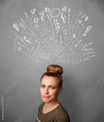 Young woman thinking with sketched arrows above her head