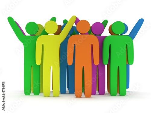 Group of stylized colored people stand on white