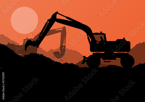Excavator loader at construction site with raised bucket vector