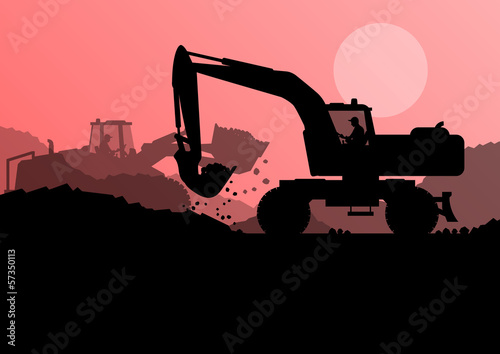 Excavator loader at construction site with raised bucket vector