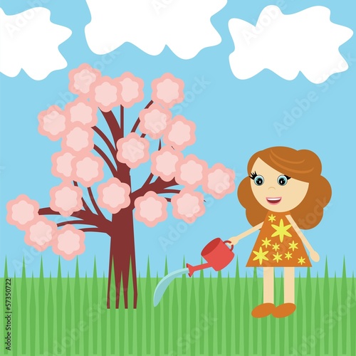 nice girl watering tree with flowers