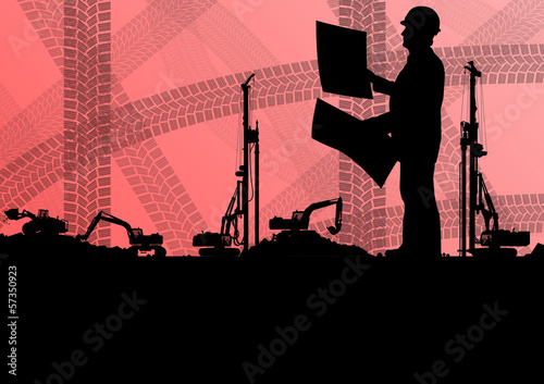 Engineer man with excavator loaders and tractors digging at indu