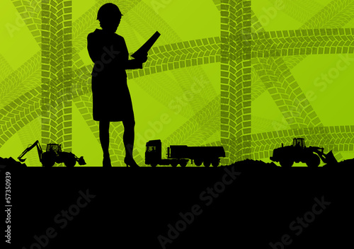 Engineer woman with excavator loaders and tractors digging at in