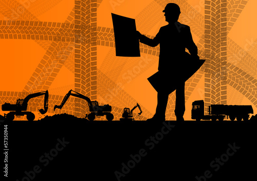 Engineer woman with excavator loaders and tractors digging at in