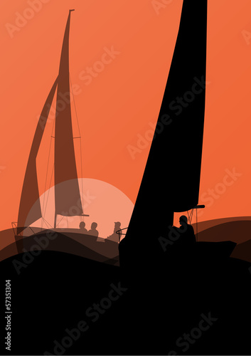 Yacht sports sailing with active men in sea and ocean background