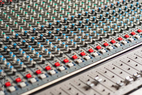 Audio mixing console, closeup shot.
